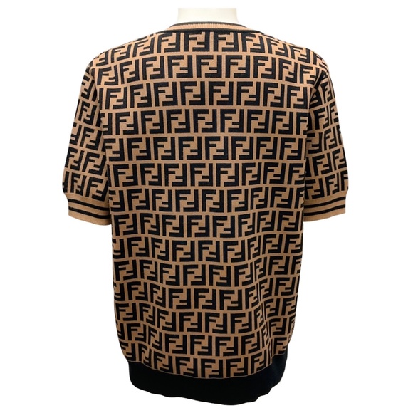 FENDI TOBACCO / BLACK FF LOGO ZUCCA PATTERN SHORT SLEEVED KNIT PULLOVER SWEATER - Picture 3 of 6